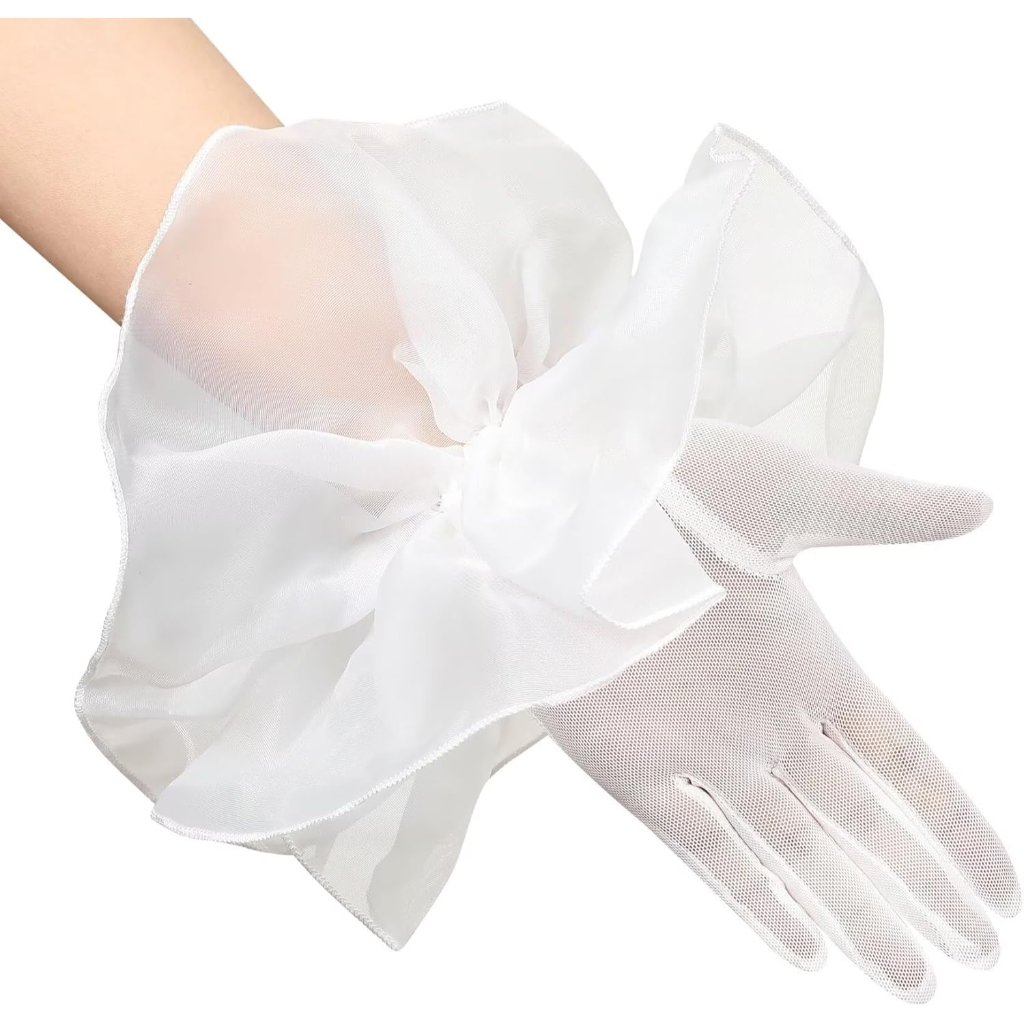 Women's Ruffle Lvory Short Cuff Tulle Sheer Mesh Gloves Wedding Party Costume